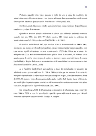 41
Portanto, segundo estes vários autores, o perfil de sexo e idade de condutores de
motocicletas envolvidos em acidentes com ou sem vítimas é do sexo masculino, adolescente/
adulto jovem, refletindo grandes custos econômicos e sociais para o país.
No Brasil, ainda há poucos estudos que caracterizam outras variáveis do perfil destes
condutores e o risco deste evento.
Quando os Estados Unidos analisaram os custos dos acidentes terrestres ocorridos
naquele país em 2005, dos US$ 99 bilhões gastos, 12% foram para os acidentes de
motocicletas, com 242.238 ocorrências (NAUMANN et al., 2005).
O relatório Saúde Brasil 2005, que analisou as taxas de mortalidade de 2000 a 2003,
mostra que nas mortes envolvendo motocicletas, o risco foi maior entre brancos e pardos, com
crescimento significativo destes eventos, representando 12.9% dos óbitos por acidentes de
transporte em 2003. Este relatório mostra ainda que de todos os acidentes, os de moto são a
quarta causa de morte entre jovens de quinze a dezenove anos, em indivíduos de maior
escolaridade, a Região Sudeste teve as menores taxas de mortalidade em ambos os sexos, com
predomínio de brancos (Brasil, 2005).
Já o Relatório Saúde Brasil que analisou as taxas de mortalidade por acidentes de
trânsito terrestres por motocicletas de 1980 a 2004 concluiu que os usuários deste meio de
transporte apresentaram o menor risco em todas as regiões do país, com crescimento a partir
de 1997. Os maiores riscos foram apresentados pelas regiões Sul, Centro-Oeste e Nordeste,
nos municípios de pequeno porte, nas faixas etárias entre quinze e dezenove anos e entre vinte
e 39 anos, nas pessoas de raça/cor branca (BRASIL, 2007).
Em Minas Gerais, GRS de Uberlândia e no município de Uberlândia, para o intervalo
entre 2000 e 2008, a taxa de mortalidade específica para acidentes de moto por 100 mil
habitantes apresentou-se como mostra a Tabela 4, a seguir:
 