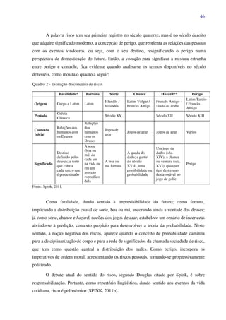 46
A palavra risco tem seu primeiro registro no século quatorze, mas é no século dezoito
que adquire significado moderno, a concepção de perigo, que reorienta as relações das pessoas
com os eventos vindouros, ou seja, com o seu destino, resignificando o perigo numa
perspectiva de domesticação do futuro. Então, a vocação para significar a mistura estranha
entre perigo e controle, fica evidente quando analisa-se os termos disponíveis no século
dezesseis, como mostra o quadro a seguir:
Quadro 2 - Evolução do conceito de risco.
Fatalidade* Fortuna Sorte Chance Hazard** Perigo
Origem Grego e Latim Latim
Islandês /
holandês
Latim Vulgar /
Frances Antigo
Francês Antigo -
vindo do árabe
Latim Tardio
/ Francês
Antigo
Período
Grécia
Clássica
Século XV Século XII Século XIII
Contexto
Inicial
Relações dos
humanos com
os Deuses
Relações
dos
humanos
com os
Deuses
Jogos de
azar
Jogos de azar Jogos de azar Vários
Significado
Destino
definido pelos
deuses; a sorte
que cabe a
cada um; o que
é predestinado
A sorte
(boa ou
má) de
cada um
na vida ou
em um
aspecto
específico
dela
A boa ou
má fortuna
A queda do
dado; a partir
do século
XVIII, uma
possibilidade ou
probabilidade
Um jogo de
dados (séc.
XIV), a chance
ou ventura (séc.
XVI), qualquer
tipo de terreno
desfavorável no
jogo de golfe
Perigo
Fonte: Spink, 2011.
Como fatalidade, dando sentido à imprevisibilidade do futuro; como fortuna,
implicando a distribuição causal de sorte, boa ou má, ancorando ainda a vontade dos deuses;
já como sorte, chance e hazard, noções dos jogos de azar, estabelece um cenário de incertezas
abrindo-se à predição, contexto propício para desenvolver a teoria da probabilidade. Neste
sentido, a noção negativa dos riscos, aparece quando o conceito de probabilidade caminha
para a disciplinarização do corpo e para a rede de significados da chamada sociedade de risco,
que tem como questão central a distribuição dos males. Como perigo, incorpora os
imperativos de ordem moral, acrescentando os riscos pessoais, tornando-se progressivamente
politizado.
O debate atual do sentido do risco, segundo Douglas citado por Spink, é sobre
responsabilização. Portanto, como repertório lingüístico, dando sentido aos eventos da vida
cotidiana, risco é polissêmico (SPINK, 2011b).
 