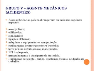 GRUPO V – AGENTE MECÂNICOS
(ACIDENTES)
 Essas deficiências podem abranger um ou mais dos seguintes
aspectos:
 arranjo físico;
 edificações;
 sinalizações
 ligações elétricas;
 máquinas e equipamentos sem proteção,
 equipamento de proteção contra incêndio;
 ferramentas defeituosas ou inadequadas,
 EPI inadequado,
 armazenamento e transporte de materiais.
 Iluminação deficiente - fadiga, problemas visuais, acidentes do
trabalho.
 