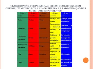 CLASSIFICAÇÃO DOS PRINCIPAIS RISCOS OCUPACIONAIS EM
GRUPOS, DE ACORDO COM A SUA NATUREZA E A PADRONIZAÇÃO DAS
CORES CORRESPONDENTES.
 