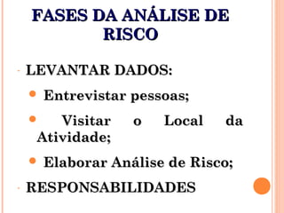 FASES DA ANÁLISE DEFASES DA ANÁLISE DE
RISCORISCO
- LEVANTAR DADOS:LEVANTAR DADOS:
 Entrevistar pessoas;Entrevistar pessoas;
 Visitar o Local daVisitar o Local da
Atividade;Atividade;
 Elaborar Análise de Risco;Elaborar Análise de Risco;
- RESPONSABILIDADESRESPONSABILIDADES
 