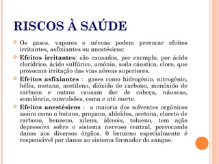 RISCOS À SAÚDE
 Os gases, vapores e névoas podem provocar efeitos
irritantes, asfixiantes ou anestésicos:
 Efeitos irritantes: são causados, por exemplo, por ácido
clorídrico, ácido sulfúrico, amônia, soda cáustica, cloro, que
provocam irritação das vias aéreas superiores.
 Efeitos asfixiantes : gases como hidrogênio, nitrogênio,
hélio, metano, acetileno, dióxido de carbono, monóxido de
carbono e outros causam dor de cabeça, náuseas,
sonolência, convulsões, coma e até morte.
 Efeitos anestésicos : a maioria dos solventes orgânicos
assim como o butano, propano, aldeídos, acetona, cloreto de
carbono, benzeno, xileno, álcoois, tolueno, tem ação
depressiva sobre o sistema nervoso central, provocando
danos aos diversos órgãos. 0 benzeno especialmente é
responsável por danos ao sistema formador do sangue.
 