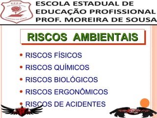 RISCOS  AMBIENTAIS RISCOS FÍSICOS RISCOS QUÍMICOS RISCOS BIOLÓGICOS RISCOS ERGONÔMICOS RISCOS DE ACIDENTES 