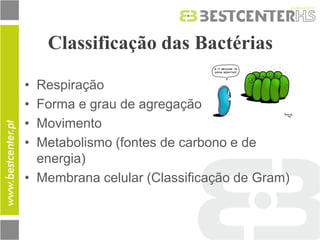 Classificação das Bactérias 
•Respiração 
•Forma e grau de agregação 
•Movimento 
•Metabolismo (fontes de carbono e de energia) 
•Membrana celular (Classificação de Gram) 
 
