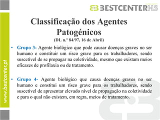 Classificação dos Agentes Patogénicos (DL n.º 84/97, 16 de Abril) 
•Grupo 3- Agente biológico que pode causar doenças graves no ser humano e constituir um risco grave para os trabalhadores, sendo suscetível de se propagar na coletividade, mesmo que existam meios eficazes de profilaxia ou de tratamento. 
•Grupo 4- Agente biológico que causa doenças graves no ser humano e constitui um risco grave para os trabalhadores, sendo suscetível de apresentar elevado nível de propagação na coletividade e para o qual não existem, em regra, meios de tratamento.  