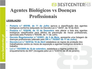 Agentes Biológicos vs Doenças Profissionais 
LEGISLAÇÃO: 
•Portaria n.º 405/98, de 11 de Julho aprova a classificação dos agentes biológicos conforme estipulado no Decreto-Lei n.º 84/97, de 16 de Abril. 
•Portaria n.º 1036/98, de 15 de Dezembro veio alterar a lista dos agentes biológicos classificados para efeitos da prevenção de riscos profissionais, aprovada pela Portaria n.º405/98, de 11 de Julho. 
•Decreto Regulamentar n.º 6/2001, de 5 de Maio, apresenta uma listagem de doenças profissionais (alterado pelo DR n.º 76/2007 de 17 de Julho). 
•Decreto-Lei n.º 84/97de 16 de Abril estabelece as regras de proteção dos trabalhadores contra os riscos de exposição a agentes biológicos durante o trabalho. 
•Lei n.º 102/2009 de 10 de setembro, estabelece o regime jurídico do enquadramento da SST (revogada pela Lei n.º3/2014) de 28 de janeiro).  