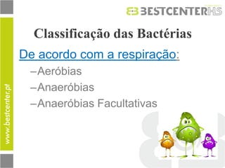 Classificação das Bactérias 
De acordo com a respiração: 
–Aeróbias 
–Anaeróbias 
–Anaeróbias Facultativas  