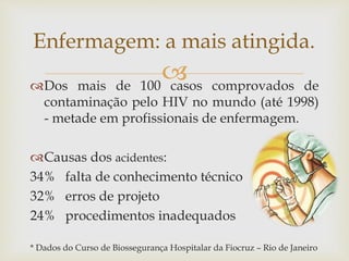 Dos mais de 100 casos comprovados de
contaminação pelo HIV no mundo (até 1998)
- metade em profissionais de enfermagem.
Causas dos acidentes:
34% falta de conhecimento técnico
32% erros de projeto
24% procedimentos inadequados
* Dados do Curso de Biossegurança Hospitalar da Fiocruz – Rio de Janeiro
Enfermagem: a mais atingida.
 