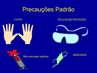 Precauções Padrão
Não reencapar agulhas
LUVAS ÓCULOS DE PROTEÇÃO
MÁSCARAS
 
