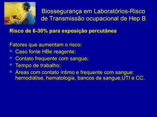 Biossegurança em Laboratórios-Risco
de Transmissão ocupacional de Hep B
Risco de 6-30% para exposição percutânea
Risco de 6-30% para exposição percutânea
Fatores que aumentam o risco:
Fatores que aumentam o risco:
 Caso fonte HBe reagente;
Caso fonte HBe reagente;
 Contato frequente com sangue;
Contato frequente com sangue;
 Tempo de trabalho;
Tempo de trabalho;
 Áreas com contato íntimo e frequente com sangue:
Áreas com contato íntimo e frequente com sangue:
hemodiálise, hematologia, bancos de sangue,UTI e CC.
hemodiálise, hematologia, bancos de sangue,UTI e CC.
 