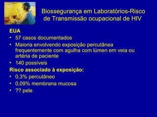 Biossegurança em Laboratórios-Risco
de Transmissão ocupacional de HIV
EUA
• 57 casos documentados
• Maioria envolvendo exposição percutânea
frequentemente com agulha com lúmen em veia ou
artéria de paciente
• 140 possíveis
Risco associado à exposição:
• 0,3% percutâneo
• 0,09% membrana mucosa
• ?? pele
 