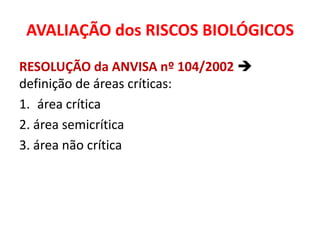 AVALIAÇÃO dos RISCOS BIOLÓGICOS
RESOLUÇÃO da ANVISA nº 104/2002 
definição de áreas críticas:
1. área crítica
2. área semicrítica
3. área não crítica
 