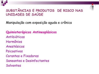 SUBSTÂNCIAS E PRODUTOS DE RISCO NAS
UNIDADES DE SAÚDE
Manipulação com exposição aguda e crônica
Quimioterápicos Antineoplásicos
Antibióticos
Hormônios
Anestésicos
Psicoativos
Corantes e Fixadores
Saneantes e Desinfectantes
Solventes
 