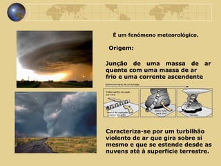 É um fenómeno meteorológico. Caracteriza-se por um turbilhão violento de ar que gira sobre si mesmo e que se estende desde as nuvens até à superfície terrestre. Origem: Junção de uma massa de ar quente com uma massa de ar frio e uma corrente ascendente 