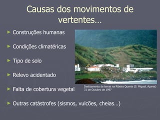 Causas dos movimentos de vertentes… Construções humanas Condições climatéricas Tipo de solo Relevo acidentado Falta de cobertura vegetal Outras catástrofes (sismos, vulcões, cheias…) Deslizamento de terras na Ribeira Quente (S. Miguel, Açores) 31 de Outubro de 1997 