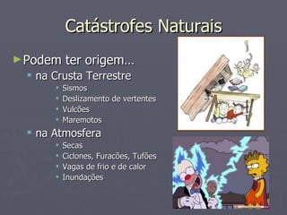 Catástrofes Naturais Podem ter origem… na Crusta Terrestre  Sismos Deslizamento de vertentes Vulcões Maremotos na Atmosfera Secas Ciclones, Furacões, Tufões Vagas de frio e de calor Inundações 