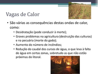 Vagas de Calor
• São várias as consequências destas ondas de calor,
como:
• Desidratação (pode conduzir à morte);
• Graves problemas na agricultura (destruição das culturas)
e na pecuária (morte do gado);
• Aumento do número de incêndios;
• Redução do caudal dos cursos de água, o que leva à falta
de água em certas zonas, sobretudo as que não estão
próximas do litoral.
 