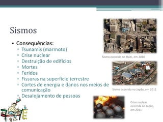 Sismos
• Consequências:
▫ Tsunamis (marmoto)
▫ Crise nuclear
▫ Destruição de edifícios
▫ Mortes
▫ Feridos
▫ Fissuras na superfície terrestre
▫ Cortes de energia e danos nos meios de
comunicação
▫ Desalojamento de pessoas
Sismo ocorrido no Haiti, em 2010
Sismo ocorrido no Japão, em 2011
Crise nuclear
ocorrida no Japão,
em 2011
 