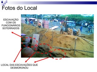 LOCAL DAS ESCAVAÇÕES QUE
DESMORONOU
ESCAVAÇÃO
COM OS
FUNCIONÁRIOS
SOTERRADOS
Fotos do Local
 