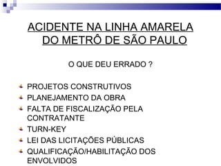 ACIDENTE NA LINHA AMARELA
DO METRÔ DE SÃO PAULO
O QUE DEU ERRADO ?
PROJETOS CONSTRUTIVOS
PLANEJAMENTO DA OBRA
FALTA DE FISCALIZAÇÃO PELA
CONTRATANTE
TURN-KEY
LEI DAS LICITAÇÕES PÚBLICAS
QUALIFICAÇÃO/HABILITAÇÃO DOS
ENVOLVIDOS
 