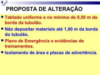 PROPOSTA DE ALTERAÇÃO
 Tablado uniforme e no mínimo de 0,50 m da
borda da tubulão.
 Não depositar materiais até 1,00 m da borda
do tubulão.
 Plano de Emergência e evidências de
treinamentos.
 Isolamento de área e placas de advertência.
 