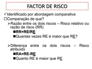 FACTOR DE RISCO
Identificado por abordagem comparativa
Comparação de que?
Razão entre os dois riscos – Risco relativo ou
razão de risco (RR)
RR=RE/RE
Quantas vezes RE é maior que RE?
Diferença entre os dois riscos – Risco
atribuído
RA=RE-RE
Quanto RE é maior que RE
 
