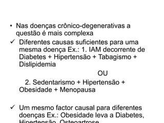 • Nas doenças crônico-degenerativas a
questão é mais complexa
 Diferentes causas suficientes para uma
mesma doença Ex.: 1. IAM decorrente de
Diabetes + Hipertensão + Tabagismo +
Dislipidemia
OU
2. Sedentarismo + Hipertensão +
Obesidade + Menopausa
 Um mesmo factor causal para diferentes
doenças Ex.: Obesidade leva a Diabetes,
 