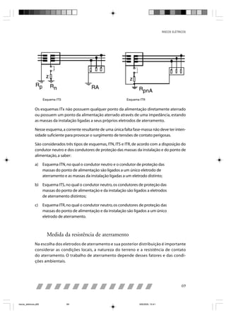 RISCOS ELÉTRICOS




                       Esquema ITS                                    Esquema ITR


                Os esquemas ITx não possuem qualquer ponto da alimentação diretamente aterrado
                ou possuem um ponto da alimentação aterrado através de uma impedância, estando
                as massas da instalação ligadas a seus próprios eletrodos de aterramento.

                Nesse esquema, a corrente resultante de uma única falta fase-massa não deve ter inten-
                sidade suficiente para provocar o surgimento de tensões de contato perigosas.

                São considerados três tipos de esquemas, ITN, ITS e ITR, de acordo com a disposição do
                condutor neutro e dos condutores de proteção das massas da instalação e do ponto de
                alimentação, a saber:

                a)     Esquema ITN, no qual o condutor neutro e o condutor de proteção das
                       massas do ponto de alimentação são ligados a um único eletrodo de
                       aterramento e as massas da instalação ligadas a um eletrodo distinto;

                b) Esquema ITS, no qual o condutor neutro, os condutores de proteção das
                   massas do ponto de alimentação e da instalação são ligados a eletrodos
                   de aterramento distintos;

                c)     Esquema ITR, no qual o condutor neutro, os condutores de proteção das
                       massas do ponto de alimentação e da instalação são ligados a um único
                       eletrodo de aterramento.



                         Medida da resistência de aterramento
                Na escolha dos eletrodos de aterramento e sua posterior distribuição é importante
                considerar as condições locais, a natureza do terreno e a resistência de contato
                do aterramento. O trabalho de aterramento depende desses fatores e das condi-
                ções ambientais.




                                                                                                            69



riscos_eletricos.p65                 69                                      8/8/2005, 10:41
 