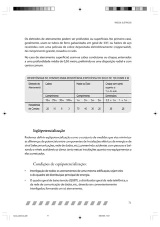RISCOS ELÉTRICOS




                Os eletrodos de aterramento podem ser profundos ou superficiais. No primeiro caso,
                geralmente, usam-se tubos de ferro galvanizado, em geral de 3/4", ou hastes de aço
                revestidas com uma película de cobre depositada eletroliticamente (copperweld),
                de comprimento grande, cravados no solo.

                No caso de aterramento superficial, usam-se cabos condutores ou chapas, enterrados
                a uma profundidade média de 0,50 metro, preferindo-se uma disposição radial e com
                centro comum.



                    RESISTÊNCIAS DE CONTATO PARA RESISTÊNCIA ESPECÍFICA DO SOLO DE 100 OHMS X M

                       Eletrodo de   Cabos                    Haste ouTubo                Chapa com canto
                       Aterramento                                                        superior a
                                                                                          1 m do solo
                                     Comprimento              Comprimento                 Dimensões
                                     10m 25m       50m 100m   1m    2m       3m   5m       0,5 x 1m      1 x 1m
                       Resistência
                       de Contato    20      10     5   3     70     40      30   20            35         25




                           Eqüipotencialização
                Podemos definir eqüipotencialização como o conjunto de medidas que visa minimizar
                as diferenças de potenciais entre componentes de instalações elétricas de energia e de
                sinal (telecomunicações, rede de dados, etc.), prevenindo acidentes com pessoas e bai-
                xando a níveis aceitáveis os danos tanto nessas instalações quanto nos equipamentos a
                elas conectados.


                           Condições de eqüipotencialização:
                •       Interligação de todos os aterramentos de uma mesma edificação, sejam eles
                        o do quadro de distribuição principal de energia.
                •       O quadro geral de baixa tensão (QGBT), o distribuidor geral da rede telefônica, o
                        da rede de comunicação de dados, etc., deverão ser convenientemente
                        interligados, formando um só aterramento.



                                                                                                                  71



riscos_eletricos.p65                  71                                          8/8/2005, 10:41
 