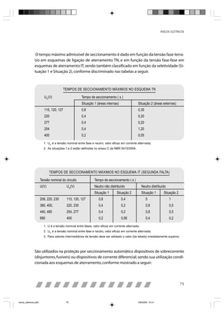 RISCOS ELÉTRICOS




                 O tempo máximo admissível de seccionamento é dado em função da tensão fase-terra-
                Uo em esquemas de ligação de aterramento TN, e em função da tensão fase-fase em
                esquemas de aterramento IT, sendo também classificado em função da seletividade (Si-
                tuação 1 e Situação 2), conforme discriminado nas tabelas a seguir.



                                       TEMPOS DE SECCIONAMENTO MÁXIMOS NO ESQUEMA TN

                          UO(V)                      Tempo de seccionamento ( s )
                                                     Situação 1 (áreas internas)                Situação 2 (áreas externas)
                          115, 120, 127              0,8                                        0,35
                          220                        0,4                                        0,20
                          277                        0,4                                        0,20
                          254                        0,4                                        1,20
                          400                        0,2                                        0,05

                         1. UO é a tensão nominal entre fase e neutro, valor eficaz em corrente alternada;
                         2. As situações 1 e 2 estão definidas no anexo C da NBR 5410/2004.




                              TEMPOS DE SECCIONAMENTO MÁXIMOS NO ESQUEMA IT (SEGUNDA FALTA)

                       Tensão nominal do circuito              Tempo de seccionamento ( s )
                       U(V)               UO(V)                Neutro não distribuído               Neutro distribuído
                                                               Situação 1       Situação 2          Situação 1      Situação 2
                       208, 220, 230      115, 120, 127           0,8              0,4                 5                 1
                       380, 400,          220, 230                0,4              0,2                 0,8               0,5
                       440, 480           254, 277                0,4              0,2                 0,8               0,5
                       690                400                     0,2              0,06                0,4               0,2

                         1. U é a tensão nominal entre fases, valor eficaz em corrente alternada;
                         2. UO é a tensão nominal entre fase e neutro, valor eficaz em corrente alternada;
                         3. Para valores intermediários de tensão deve ser adotado o valor (da tebela) imediatamente superior.




                São utilizados na proteção por seccionamento automático dispositivos de sobrecorrente
                (disjuntores, fusíveis) ou dispositivos de corrente diferencial, sendo sua utilização condi-
                cionada aos esquemas de aterramento, conforme mostrado a seguir:




                                                                                                                                 75



riscos_eletricos.p65                      75                                                    8/8/2005, 10:41
 