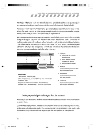 CURSO BÁSICO DE SEGURANÇA EM INSTALAÇÕES E SERVIÇOS EM ELETRICIDADE




                       A isolação reforçada é um tipo de isolação única aplicada às partes vivas que assegura
                       um grau de proteção contra choques elétricos equivalente ao da dupla isolação.

                       A expressão “isolação única” não implica que a isolação deva constituir uma peça homo-
                       gênea. Ela pode comportar diversas camadas impossíveis de serem ensaiadas isolada-
                       mente, como isolação básica ou como isolação suplementar.

                       Na prática podemos considerar como condutor com isolação reforçada o cabo mostrado
                       na figura a seguir. Ele pode ser instalado em locais inacessíveis sem a utilização de
                       invólucros/barreiras (eletrodutos, calhas fechadas, etc.), sendo constituído de isolação
                       (2) e cobertura (4) em composto termoplástico de PVC, não sendo considerada pelo
                       fabricante a função de isolação da camada de cobertura (4), considerando-se esta
                       somente como proteção contra influências externas.

                                                                                          1. Condutor
                                                                                               •   material: fio de cobre nu,
                                                                                                   têmpera mole;
                                                                                               •   forma: redonda normal,
                                                                                                   compacta ou setorial;
                                                                                               •   encordoamento: classe 2.

                                                                                          2. Isolação
                                                                                               Composto termoplástico de PVC
                                                                                               em chumbo antichama.

                                                                                          3. Enchimento
                        Identificação
                                                                                               Composto termoplástico em
                        Cabo unipolar: cobertura preta;
                                                                                               PVC sem chumbo.
                        Cabos multipolares (2, 3 e 4 condutores): veias numerizadas
                        e cobertura preta.                                                4. Cobertura
                        Temperaturas máximas do condutor: 70°C em serviço                      Composto termoplástico de PVC
                        confinado, 100°C em sobrecarga e 160°C em curto-circuito.              sem chumbo antichama.




                              Proteção parcial por colocação fora de alcance
                       A colocação fora de alcance destina-se somente a impedir os contatos involuntários com
                       as partes vivas.

                       Quando há o espaçamento, este deve ser suficiente para que se evite que pessoas circu-
                       lando nas proximidades das partes vivas possam entrar em contato com essas partes, seja
                       diretamente ou por intermédio de objetos que elas manipulem ou transportem.



                       84



riscos_eletricos.p65                     84                                                8/8/2005, 10:41
 