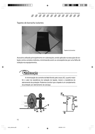 CURSO BÁSICO DE SEGURANÇA EM INSTALAÇÕES E SERVIÇOS EM ELETRICIDADE




                       Tapetes de borracha isolantes




                                                                                                 Tapete de borracha




                       Acessório utilizado principalmente em subestações, sendo aplicado na execução da iso-
                       lação contra contatos indiretos, minimizando assim as conseqüências por uma falha de
                       isolação nos equipamentos.




                             obs
                                  A minimização da corrente de falta fluindo pelo corpo (IC), quanto maior
                             for o valor da resistência de isolação do tapete, menor a resistência do
                             aterramento de proteção. Podemos concluir que o tapete é um complemento
                             da proteção por aterramento da carcaça.




                       92



riscos_eletricos.p65                 92                                              8/8/2005, 10:41
 