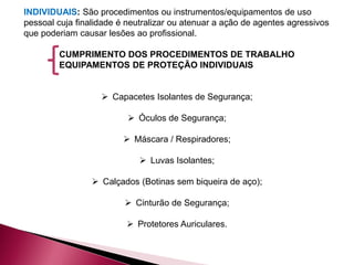 INDIVIDUAIS: São procedimentos ou instrumentos/equipamentos de uso
pessoal cuja finalidade é neutralizar ou atenuar a ação de agentes agressivos
que poderiam causar lesões ao profissional.
CUMPRIMENTO DOS PROCEDIMENTOS DE TRABALHO
EQUIPAMENTOS DE PROTEÇÃO INDIVIDUAIS
 Capacetes Isolantes de Segurança;
 Óculos de Segurança;
 Máscara / Respiradores;
 Luvas Isolantes;
 Calçados (Botinas sem biqueira de aço);
 Cinturão de Segurança;
 Protetores Auriculares.
 