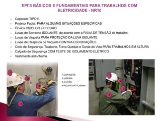  Capacete TIPO B
 Protetor Facial, PARA ALGUMAS SITUAÇÕES ESPECÍFICAS
 Óculos INCOLOR e ESCURO
 Luvas de Borracha ISOLANTE, de acordo com a FAIXA DE TENSÃO de trabalho
 Luvas de Vaqueta PARA PROTEÇÃO DA LUVA ISOLANTE
 Luvas de Raspa ou de Vaqueta CONTRA ESCORIAÇÕES
 Cinto de Segurança, Talabarte, Trava Quedas e Corda de Vida PARA TRABALHOS EM ALTURA
 Calçado de Segurança COM TESTE DE ISOLAMENTO ELÉTRICO
 Vestimenta anti-chama
1-CAPACETE
2-VISEIRA
3- LUVAS
4-ROUPA ANTICHAMA
1
2
3
4
1
2
3
4
 