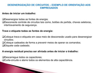 DESENERGIZAÇÃO DE CIRCUITOS – EXEMPLO DE ORIENTAÇÃO AOS
EMPREGADOS
Antes de iniciar um trabalho:
Desenergize todas as fontes de energia;
Desconecte controle de circuitos tais como, botões de partida, chaves seletoras,
intertravamento de segurança.
Trave e etiquete todas as fontes de energia:
Coloque trava e etiqueta em casa meio de desconexão usado para desenergizar
circuitos;
Coloque cadeados de forma a prevenir meios de operar os comandos;
Etiquete cada cadeado.
A energia residual precisa ser aliviada antes de iniciar o trabalho:
Descarregue todos os capacitores;
Curte-circuite e aterre todos os elementos de alta capacitância.
 