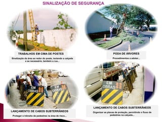 TRABALHOS EM CIMA DE POSTES
Sinalização da área ao redor do poste, isolando a calçada
e se necessário, também a rua...
PODA DE ÁRVORES
Procedimentos a adotar...
LANÇAMENTO DE CABOS SUBTERRÂNEOS
Proteger o trânsito de pedestres na área de risco...
LANÇAMENTO DE CABOS SUBTERRÂNEOS
Organizar as placas de proteção, permitindo o fluxo de
pedestres na calçada...
SINALIZAÇÃO DE SEGURANÇA
 