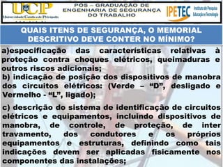 QUAIS ITENS DE SEGURANÇA, O MEMORIAL
DESCRITIVO DEVE CONTER NO MÍNIMO?
a)especificação das características relativas à
proteção contra choques elétricos, queimaduras e
outros riscos adicionais;
b) indicação de posição dos dispositivos de manobra
dos circuitos elétricos: (Verde – “D”, desligado e
Vermelho - “L”, ligado);
c) descrição do sistema de identificação de circuitos
elétricos e equipamentos, incluindo dispositivos de
manobra, de controle, de proteção, de inter
travamento, dos condutores e os próprios
equipamentos e estruturas, definindo como tais
indicações devem ser aplicadas fisicamente nos
componentes das instalações;
 