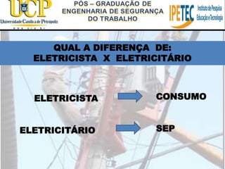 QUAL A DIFERENÇA DE:
ELETRICISTA X ELETRICITÁRIO
ELETRICISTA
ELETRICITÁRIO
CONSUMO
SEP
 