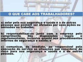 O QUE CABE AOS TRABALHADORES?
a) zelar pela sua segurança e saúde e a de outras
pessoas que possam ser afetadas por suas ações ou
omissões no trabalho;
b) responsabilizar-se junto com a empresa pelo
cumprimento das disposições legais e
regulamentares, inclusive quanto aos procedimentos
internos de segurança e saúde; e
c) comunicar, de imediato, ao responsável pela
execução do serviço as situações que considerar de
risco para sua segurança e saúde e a de outras
pessoas.
 
