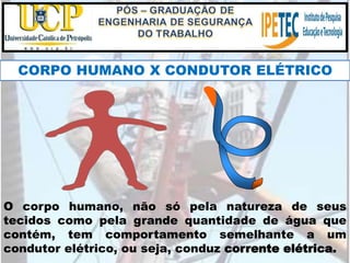 O corpo humano, não só pela natureza de seus
tecidos como pela grande quantidade de água que
contém, tem comportamento semelhante a um
condutor elétrico, ou seja, conduz corrente elétrica.
CORPO HUMANO X CONDUTOR ELÉTRICO
 