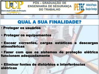 QUAL A SUA FINALIDADE?
• Eliminar fontes de distúrbios e interferências
elétricas
• Proteger os usuários
• Proteger os equipamentos
• Escoar correntes, cargas estáticas e descargas
atmosféricas
• Fazer com que os sistemas de proteção elétrica
funcionem adequadamente
 