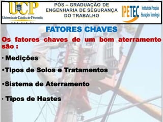 FATORES CHAVES
Os fatores chaves de um bom aterramento
são :
• Medições
•Tipos de Solos e Tratamentos
•Sistema de Aterramento
• Tipos de Hastes
 