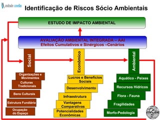 Ocupação  do Espaço Bens Culturais  Estrutura Fundiária Culturas Tradicionais Social Potencialidades Econômicas Vantagens  Comparativas Desenvolvimento Infraestrutura Econômico Morfo-Pedologia Lucros e Benefícios Sociais Organizações e Movimentos Fragilidades Flora - Fauna Recursos Hídricos Aquático - Peixes Ambiental Identificação de Riscos Sócio Ambientais AVALIAÇÃO AMBIENTAL INTEGRADA – AAI Efeitos Cumulativos e Sinérgicos –Cenários ESTUDO DE IMPACTO AMBIENTAL 