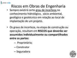 Riscos em Obras de Engenharia Sempre existirá certo  grau de incerteza  no conhecimento hidrológico,  sócio ambiental, geológico e geotécnico em relação ao local de implantação de um projeto.  Os graus de incerteza, na etapa de construção ou operação, resultam em  RISCOS que deverão ser assumidos individualmente ou compartilhados entre as partes: Proprietário; Construtor  Seguradora 