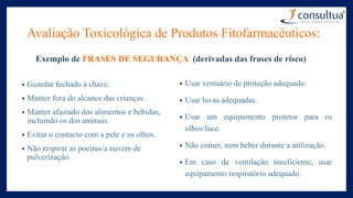 Exemplo de FRASES DE SEGURANÇA (derivadas das frases de risco)
• Guardar fechado à chave.
• Manter fora do alcance das crianças.
• Manter afastado dos alimentos e bebidas,
incluindo os dos animais.
• Evitar o contacto com a pele e os olhos.
• Não respirar as poeiras/a nuvem de
pulverização.
• Usar vestuário de proteção adequado.
• Usar luvas adequadas.
• Usar um equipamento protetor para os
olhos/face.
• Não comer, nem beber durante a utilização.
• Em caso de ventilação insuficiente, usar
equipamento respiratório adequado.
Avaliação Toxicológica de Produtos Fitofarmacêuticos:
 