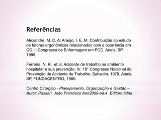 Referências 
Alexandre, M. C. A; Araújo, I. E. M. Contribuição ao estudo 
de fatores ergonômicos relacionados com a ocorrência em 
CC. II Congresso de Enfermagem em PCC. Anais. SP, 
1995. 
Ferreira, N. R. et al. Acidente de trabalho no ambiente 
hospitalar e sua prevenção. In: 18° Congresso Nacional de 
Prevenção de Acidente de Trabalho. Salvador, 1979. Anais. 
SP, FUNDACENTRO, 1980. 
Centro Cirúrgico - Planejamento, Organização e Gestão – 
Autor: Possari, João Francisco Ano2009-ed:4 Editora:látria 
