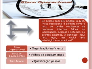 De acordo com BIS (2003c, p.120),
“risco operacional é definido como o
risco de perdas resultantes de
processos internos falhos ou
inadequados, pessoas e sistemas, ou
eventos externos. A definição inclui
risco legal, mas exclui risco
estratégico e reputacional.”
• Organização ineficiente
Risco
Organizacional
• Falhas de equipamentos
Risco de
Equipamentos
• Qualificação pessoalRisco Pessoal
 