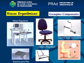 Mesa Regulável
Suporte para Documento
Cadeira Regulável
Suporte para Pés
Exemplos: Componentes
PROGRAMA GERAL
DE SAÚDE E SEGURANÇA
DO TRABALHADOR
PRÓ-REITORIA DE
ADMINISTRAÇÃOPRAd
Riscos Ergonômicos:
 