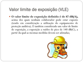 Valor limite de exposição (VLE)
 O valor limite de exposição definido é de 87 dB(A),
 acima dos quais nenhum colaborador pode estar exposto
 (tendo em consideração a utilização do equipamento de
 proteção auditiva). É também considerado um valor de limite
 de exposição, a exposição a ruídos de pico de 140 dB(C), a
 partir da qual as mesmas medidas devem ser adotadas;
 