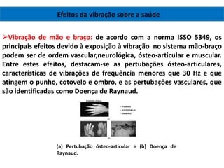 Efeitos da vibração sobre a saúde
Vibração de mão e braço: de acordo com a norma ISSO 5349, os
principais efeitos devido à exposição à vibração no sistema mão-braço
podem ser de ordem vascular,neurológica, ósteo-articular e muscular.
Entre estes efeitos, destacam-se as pertubações ósteo-articulares,
características de vibrações de frequência menores que 30 Hz e que
atingem o punho, cotovelo e ombro, e as pertubações vasculares, que
são identificadas como Doença de Raynaud.
(a) Pertubação ósteo-articular e (b) Doença de
Raynaud.
 